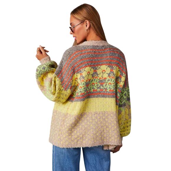 Fate Yellow Tan Gray Multi Floral & Stripe Print Open Front Cardigan XS - Picture 1 of 13